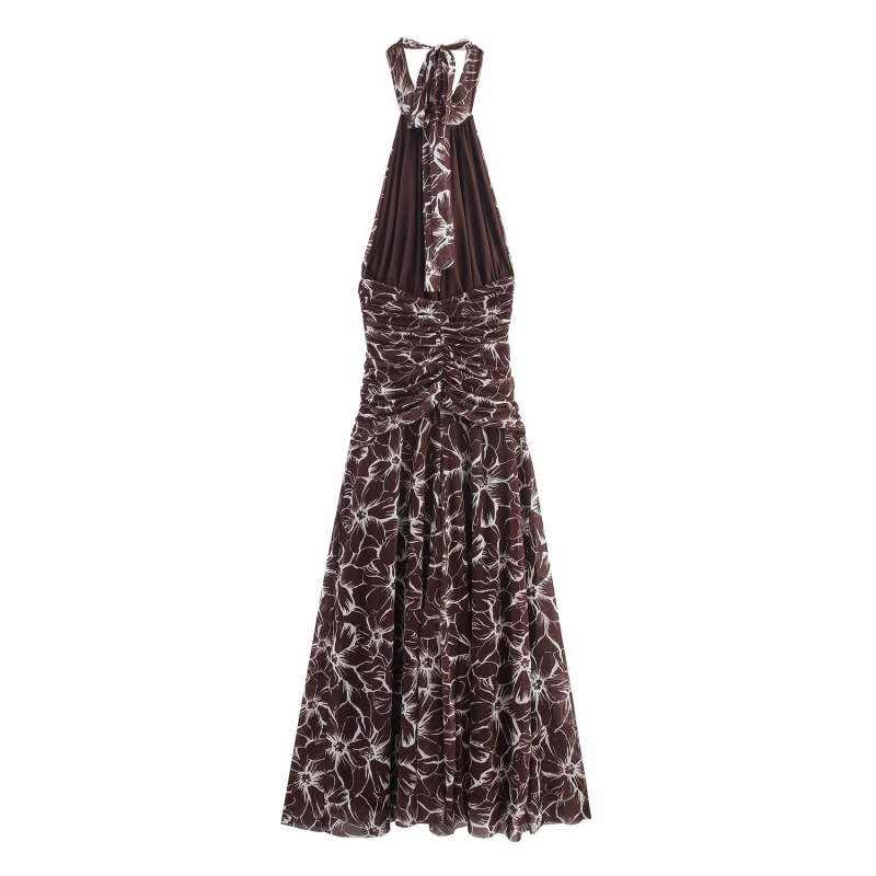 Rochie maxi din poliester, imprimeu floral, decolteu halterneck, fără mâneci
