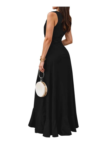 Дълга рокля с висока талия и дълбоко V-образно деколте, свободно падащ силует и полиестерен плат