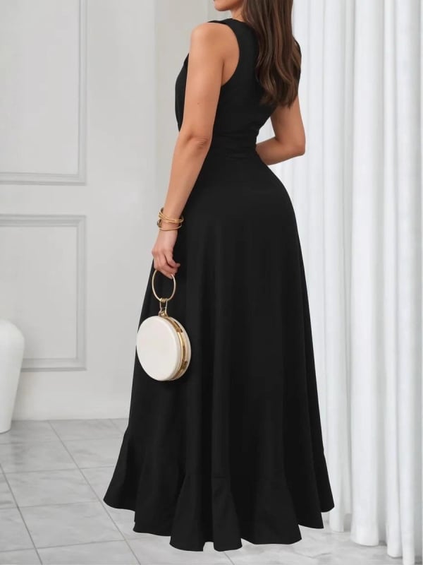 Дълга рокля с висока талия и дълбоко V-образно деколте, свободно падащ силует и полиестерен плат