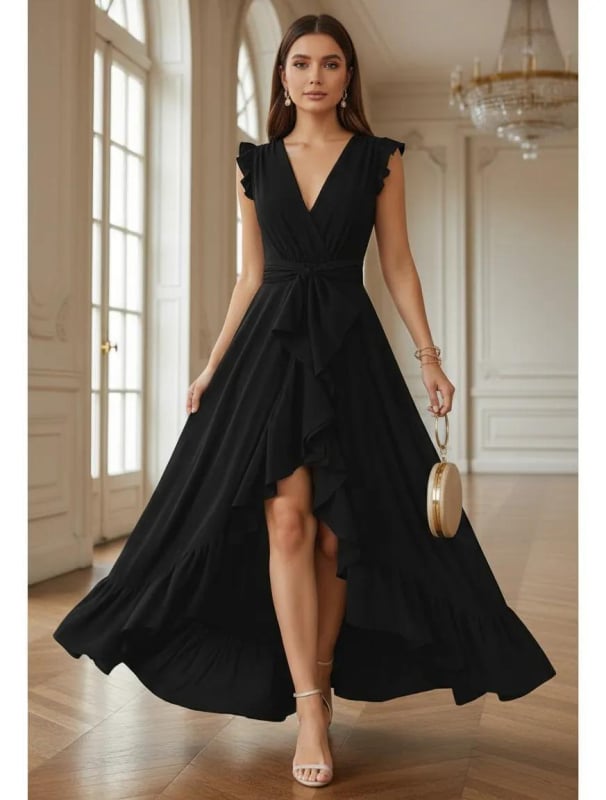 Дълга рокля с висока талия и дълбоко V-образно деколте, свободно падащ силует и полиестерен плат