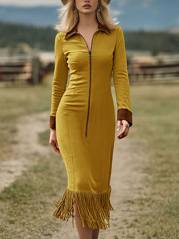 Suede haljina s resicama i dugim rukavima, midi duljine, zapadnjački kaubojski stil, patchwork ulični stil