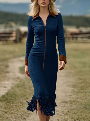 Suede haljina s resicama i dugim rukavima, midi duljine, zapadnjački kaubojski stil, patchwork ulični stil