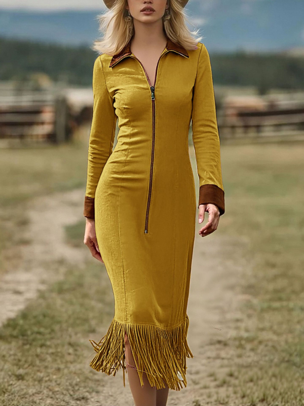 Suede haljina s resicama i dugim rukavima, midi duljine, zapadnjački kaubojski stil, patchwork ulični stil