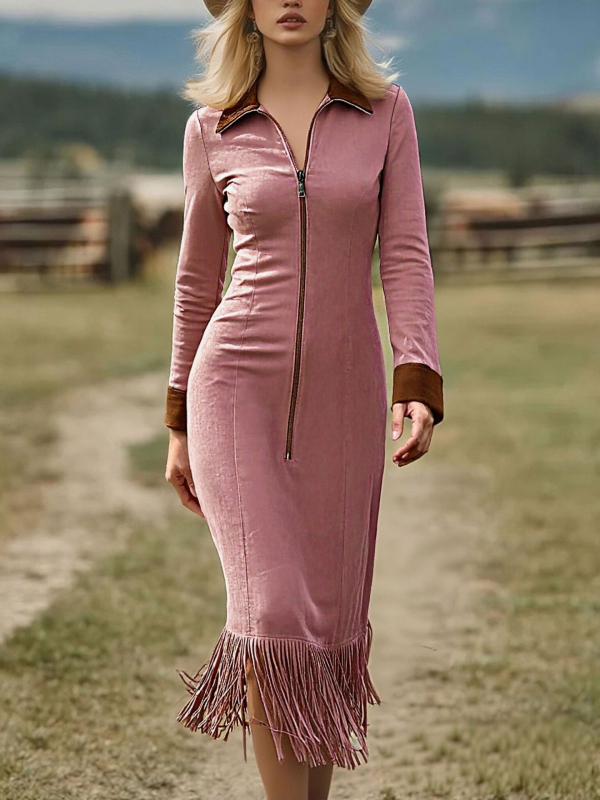 Suede haljina s resicama i dugim rukavima, midi duljine, zapadnjački kaubojski stil, patchwork ulični stil