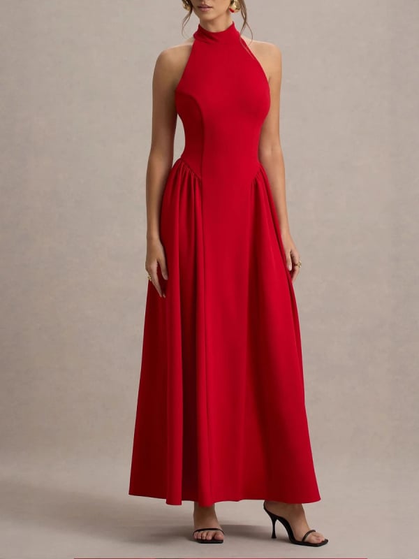 Халтер рокля с V‑образно деколте и открит гръб, дълга едноцветна полиестерна рокля, принцес силует с панелна кройка