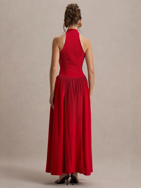 Халтер рокля с V‑образно деколте и открит гръб, дълга едноцветна полиестерна рокля, принцес силует с панелна кройка