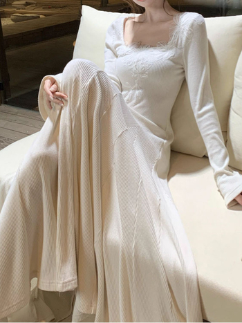 Рокля с кръгло деколте и камбановидни ръкави, плетена рокля с вложки от бродерия и широка пола (плетена материя, шевно съединение, стил patchwork и свежо сладък стил, кръгло деколте, висока талия)