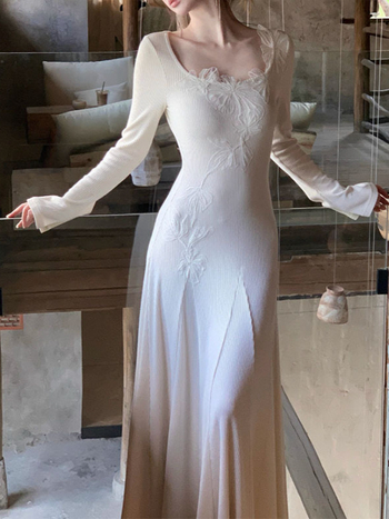 Рокля с кръгло деколте и камбановидни ръкави, плетена рокля с вложки от бродерия и широка пола (плетена материя, шевно съединение, стил patchwork и свежо сладък стил, кръгло деколте, висока талия)