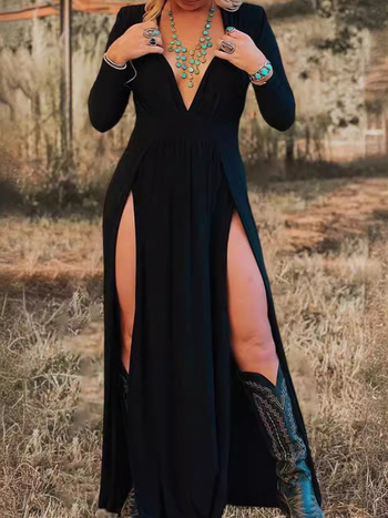 Рокля с V-образно деколте, дълги ръкави, висока талия, полиестер, едноцветна