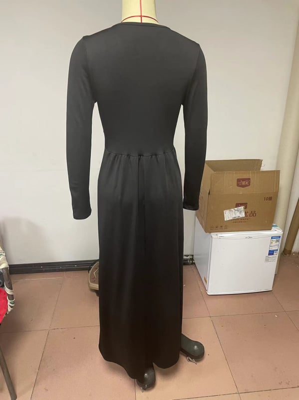 Рокля с V-образно деколте, дълги ръкави, висока талия, полиестер, едноцветна