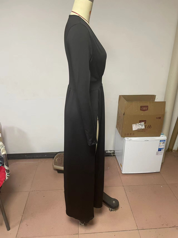 Рокля с V-образно деколте, дълги ръкави, висока талия, полиестер, едноцветна