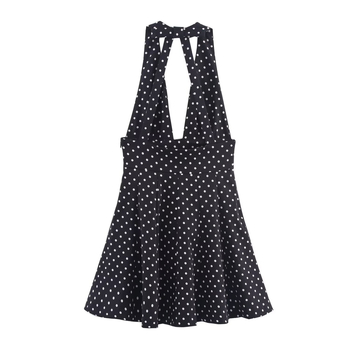 Rochie scurtă cu model buline, decolteu halter, fără mâneci, talie înaltă, din poliester