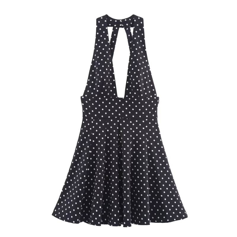 Rochie scurtă cu model buline, decolteu halter, fără mâneci, talie înaltă, din poliester