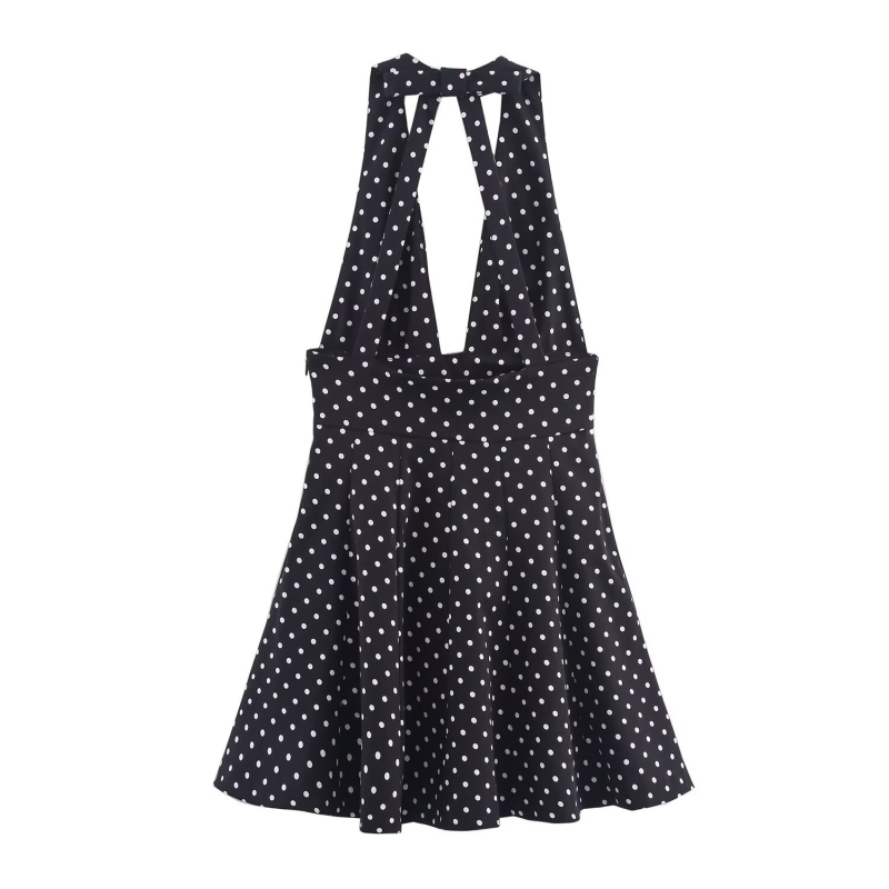 Rochie scurtă cu model buline, decolteu halter, fără mâneci, talie înaltă, din poliester