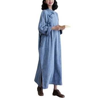 Denim midi haljina s neravnomjernim rubom, okrugli izrez, dugi rukavi, opušten struk, umjetnički retro kineski stil