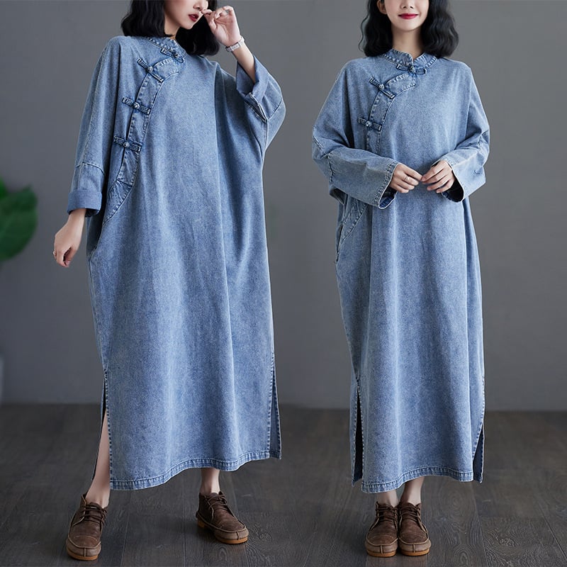 Denim midi haljina s neravnomjernim rubom, okrugli izrez, dugi rukavi, opušten struk, umjetnički retro kineski stil