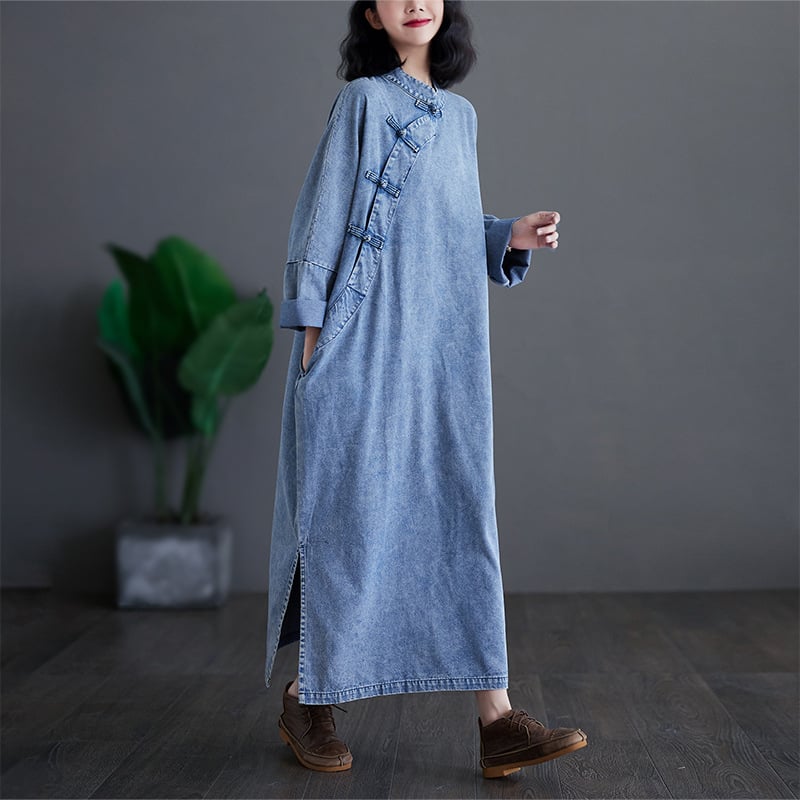Denim midi haljina s neravnomjernim rubom, okrugli izrez, dugi rukavi, opušten struk, umjetnički retro kineski stil