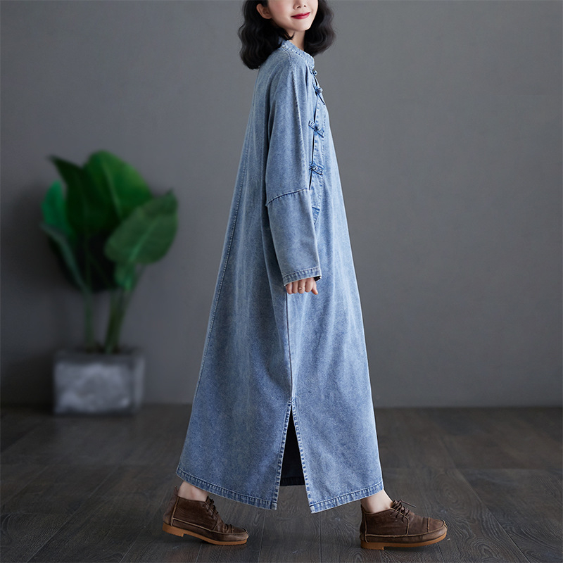 Denim midi haljina s neravnomjernim rubom, okrugli izrez, dugi rukavi, opušten struk, umjetnički retro kineski stil