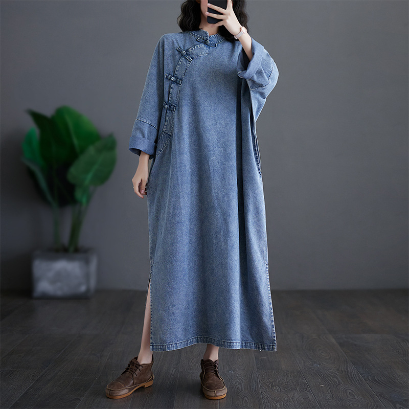 Denim midi haljina s neravnomjernim rubom, okrugli izrez, dugi rukavi, opušten struk, umjetnički retro kineski stil