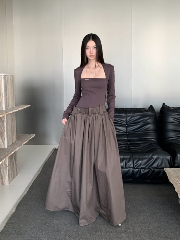 Ženska haljina s A-linijom kroja, visokim strukom, dugim rukavima, četvrtasti ovratnik, pamuk mešavina tkanine, elegantan uredski stil