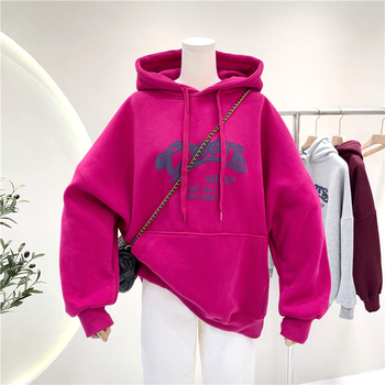 Ženski hoodie s flecom iznutra, debela tkanina, široka silueta, korejski Ulzzang stil, mješavina poliestera i spandeksa