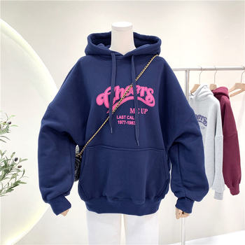 Ženski hoodie s flecom iznutra, debela tkanina, široka silueta, korejski Ulzzang stil, mješavina poliestera i spandeksa