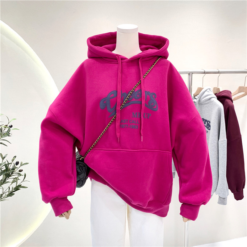 Ženski hoodie s flecom iznutra, debela tkanina, široka silueta, korejski Ulzzang stil, mješavina poliestera i spandeksa