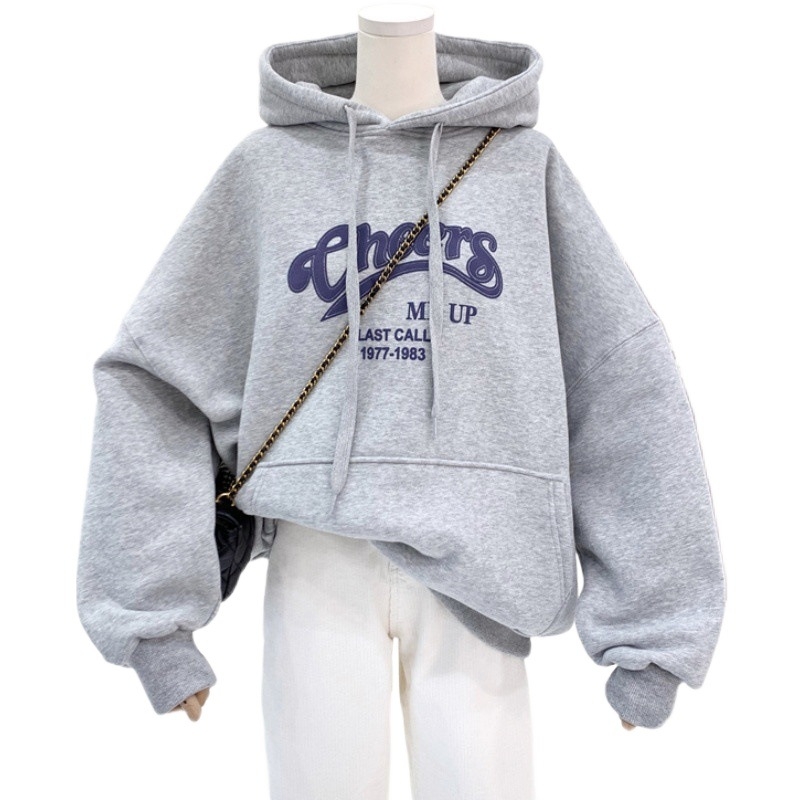 Ženski hoodie s flecom iznutra, debela tkanina, široka silueta, korejski Ulzzang stil, mješavina poliestera i spandeksa