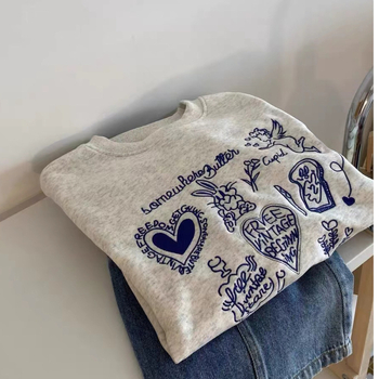 Ženski duk pulover s flecom, na prsima izvezeno srce i zec, okrugli izrez, dugi rukav, korejski stil
