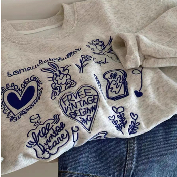 Ženski duk pulover s flecom, na prsima izvezeno srce i zec, okrugli izrez, dugi rukav, korejski stil