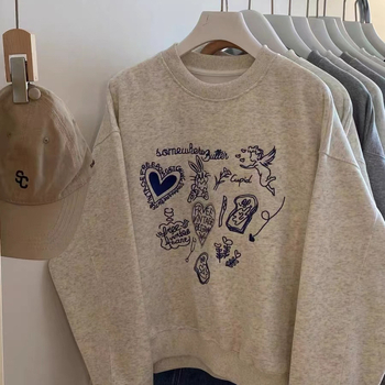 Ženski duk pulover s flecom, na prsima izvezeno srce i zec, okrugli izrez, dugi rukav, korejski stil