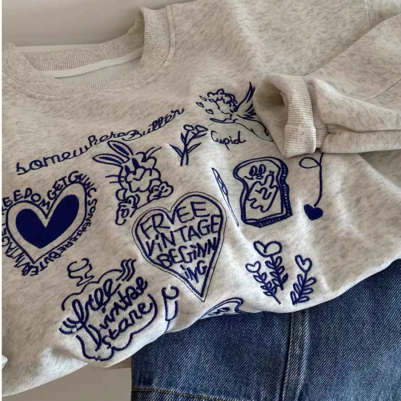 Ženski duk pulover s flecom, na prsima izvezeno srce i zec, okrugli izrez, dugi rukav, korejski stil