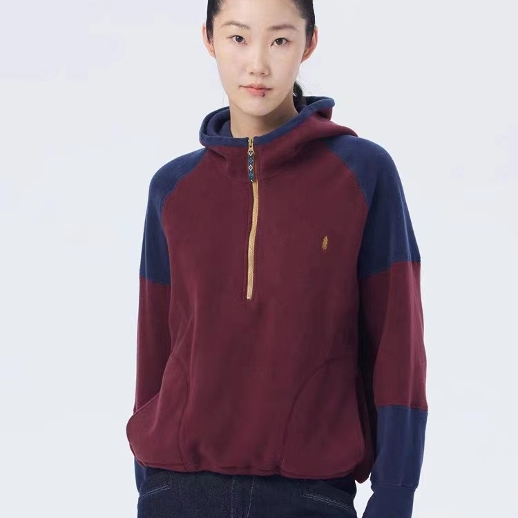 Női kapucnis cipzáros pulóver dzseki, vastag polár bélés, patchwork dizájn, laza szabás, poliészter szövet