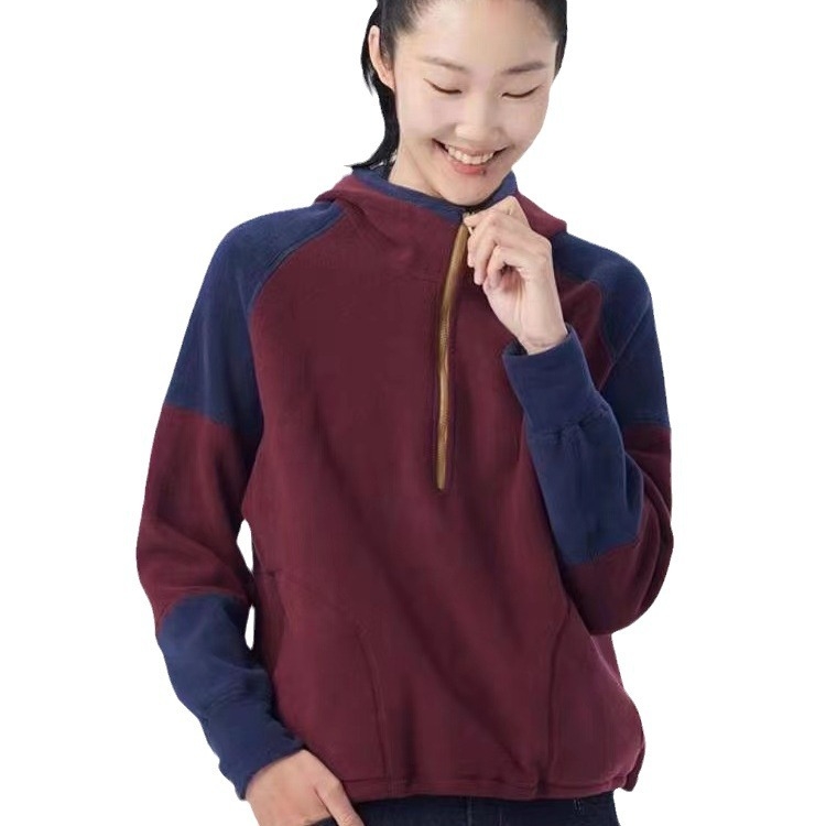 Női kapucnis cipzáros pulóver dzseki, vastag polár bélés, patchwork dizájn, laza szabás, poliészter szövet