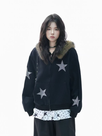 Női kapucnis kardigán pulóver geometriás mintával, vastag pamut fleece, bő szabás, középhosszú