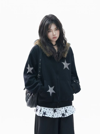 Női kapucnis kardigán pulóver geometriás mintával, vastag pamut fleece, bő szabás, középhosszú