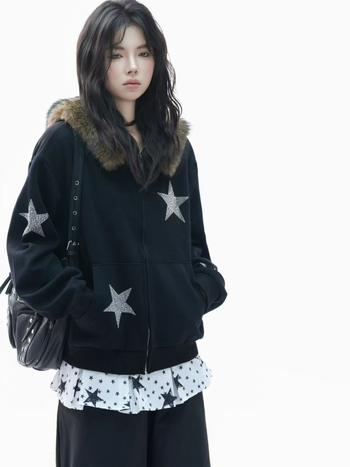 Női kapucnis kardigán pulóver geometriás mintával, vastag pamut fleece, bő szabás, középhosszú