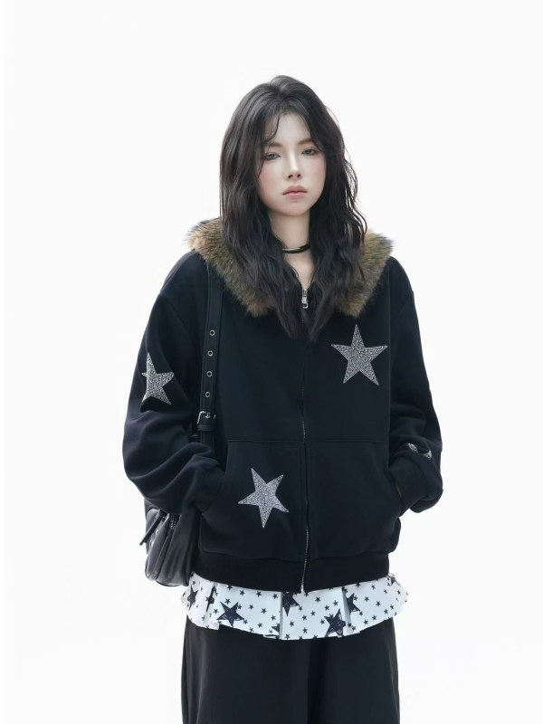 Női kapucnis kardigán pulóver geometriás mintával, vastag pamut fleece, bő szabás, középhosszú