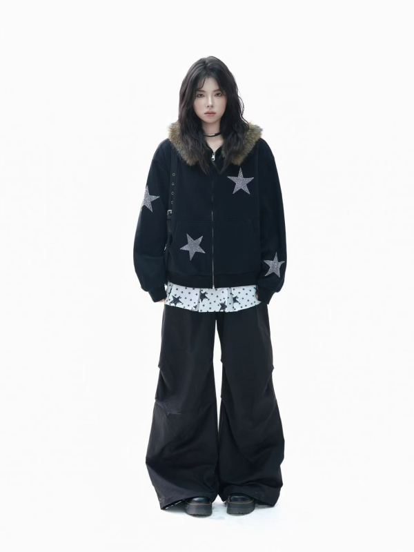 Női kapucnis kardigán pulóver geometriás mintával, vastag pamut fleece, bő szabás, középhosszú