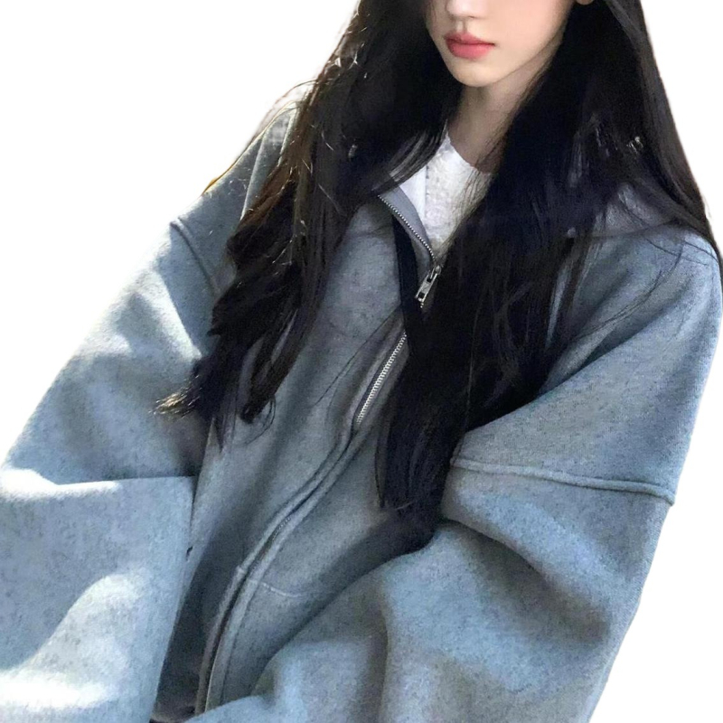 Ženski hoodie s kapuljom - opuštena silueta, lampasti rukavi, bez ovratnika, zatvarač, suede materijal