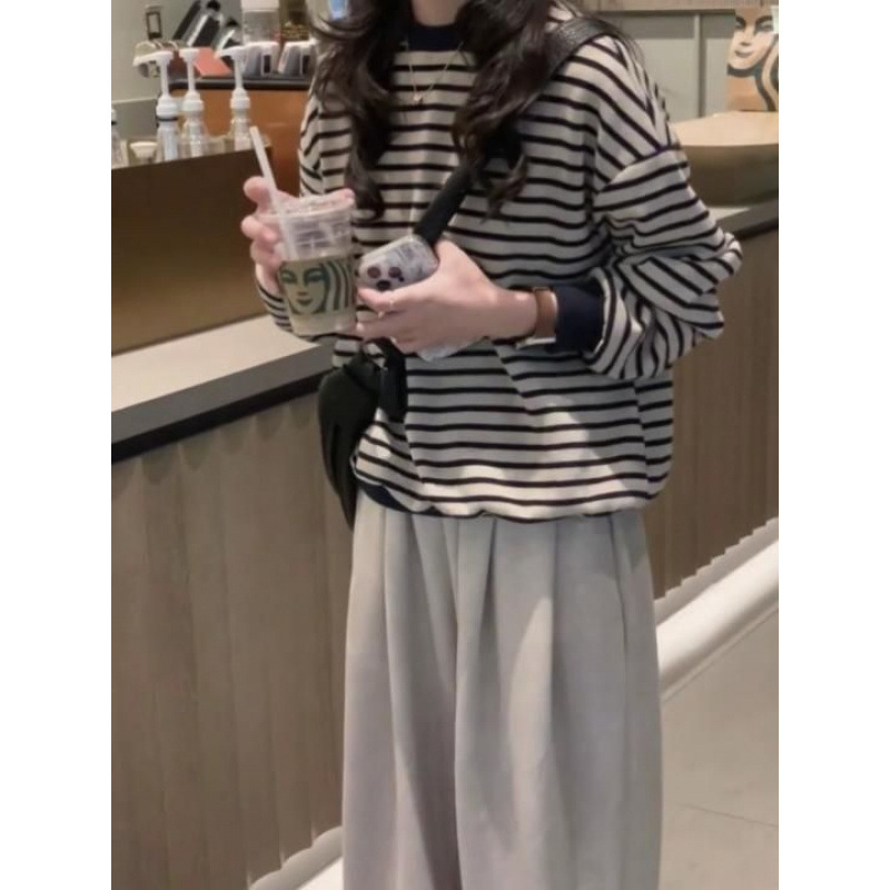 Retro Hongkong stil prugasti sweatshirt za žene, slobodan kroj, dugi rukavi, okrugli izrez, poliester-spandeks, jesen-zima 2025