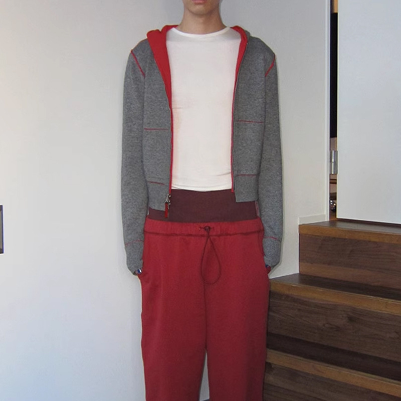 Kapucnis reverszíbilis kötött kardigán, színblokkal, cipzárral, lazán szabott, gyapjú 30–50%