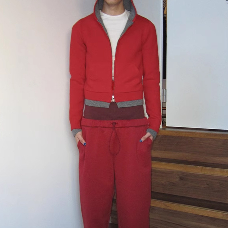 Kapucnis reverszíbilis kötött kardigán, színblokkal, cipzárral, lazán szabott, gyapjú 30–50%