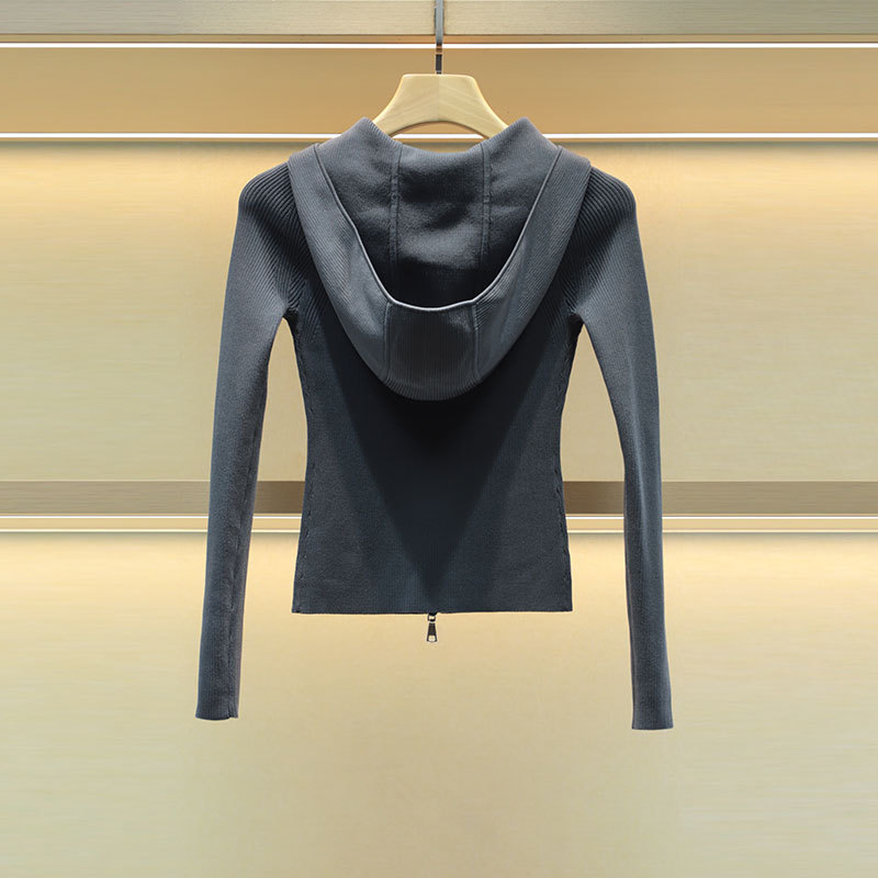 Moshuweiya 2025 őszi sokoldalú karcsú kapucnis kötött kardigán kétirányú cipzárral, hosszú ujjú, rövid hosszúság 40–50 cm, modell 5M19C