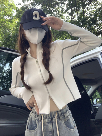 Bez rukava kardigan-pulover sa zipom, casual japansko-korejski stil, pleteni spandex, duljina 50–65 cm, jesen 2025