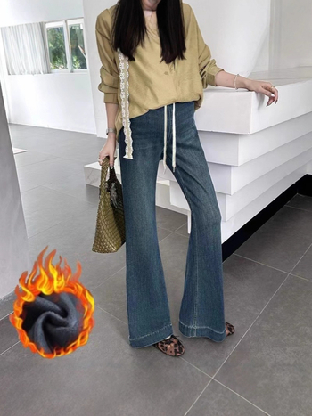 Traperice za trudnoće bootcut s unutarnjim flisom, vézica u struku, slobodan kroj, podrška trbuhu, denim pamuk-poliester