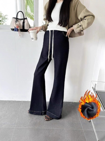 Traperice za trudnoće bootcut s unutarnjim flisom, vézica u struku, slobodan kroj, podrška trbuhu, denim pamuk-poliester