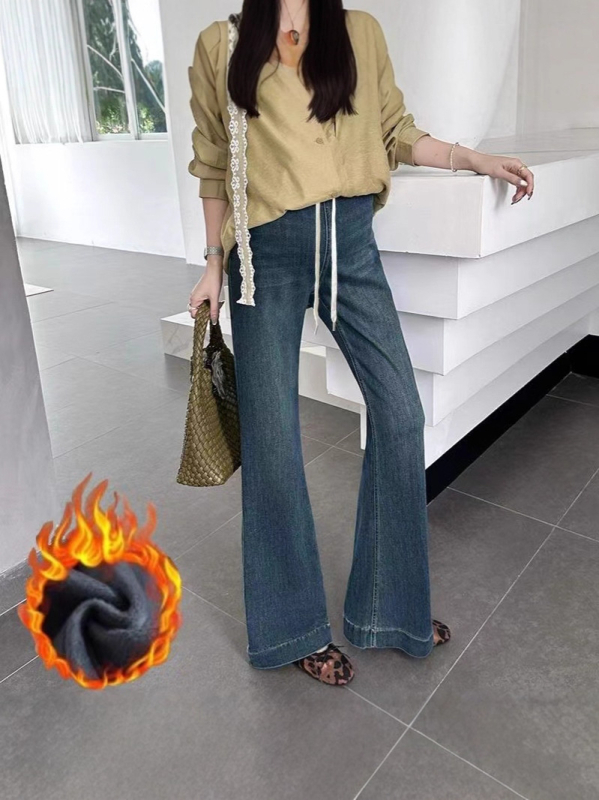 Traperice za trudnoće bootcut s unutarnjim flisom, vézica u struku, slobodan kroj, podrška trbuhu, denim pamuk-poliester