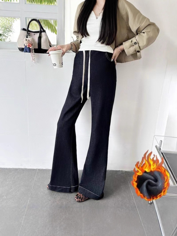 Traperice za trudnoće bootcut s unutarnjim flisom, vézica u struku, slobodan kroj, podrška trbuhu, denim pamuk-poliester