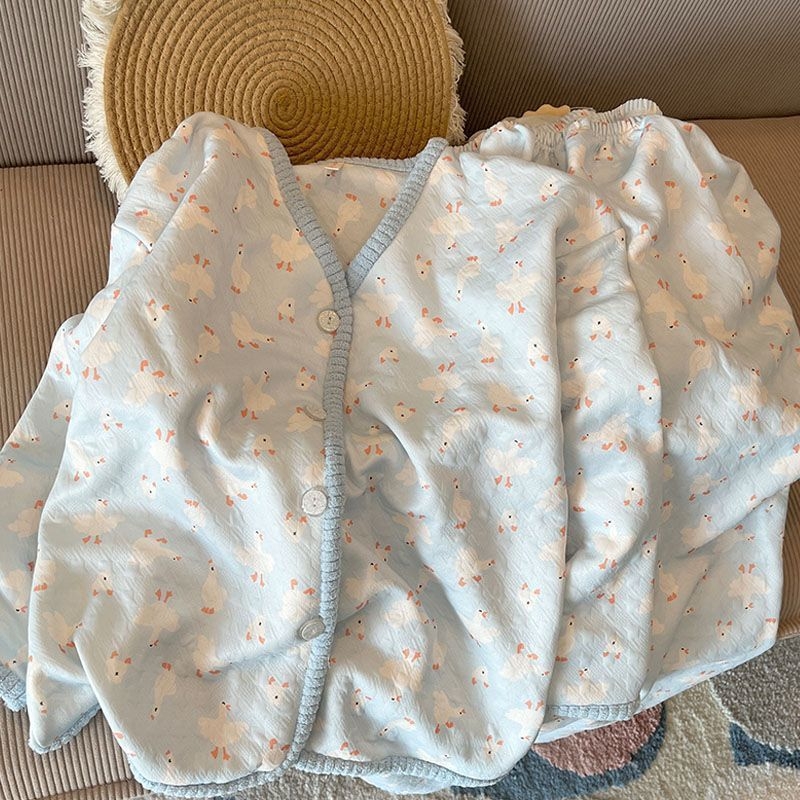 Moterų stora pižamų komplektas su ilgomis rankovėmis, sluoksniuotas oro medvilnės TR audinys su karikatūros spauda